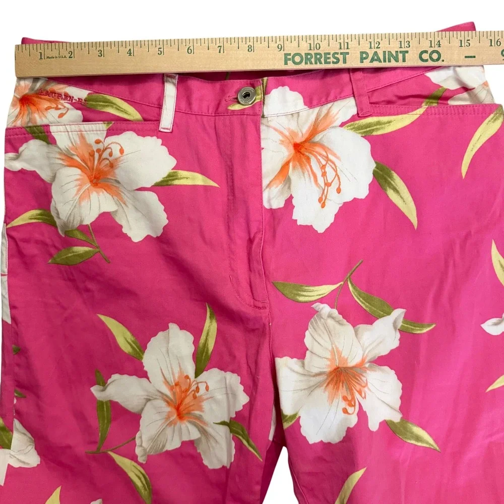 Lauren Ralph Lauren Floral Capri Pants Womens 12 Pink Tropical Hawaiian Stretch